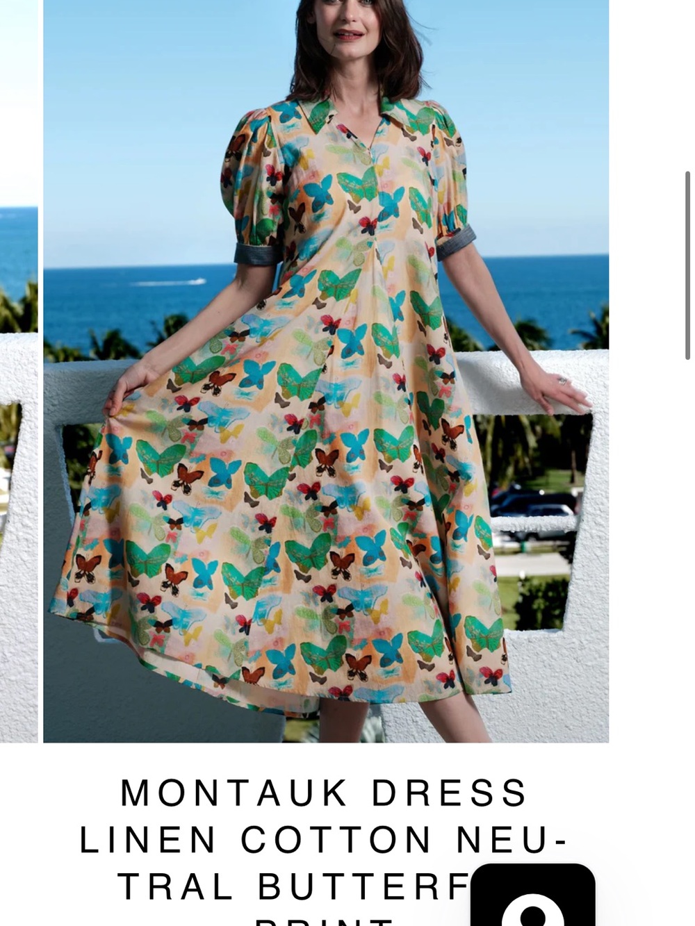 Linen-Cotton Midi Dress with Teal & Brown Butterfly Print